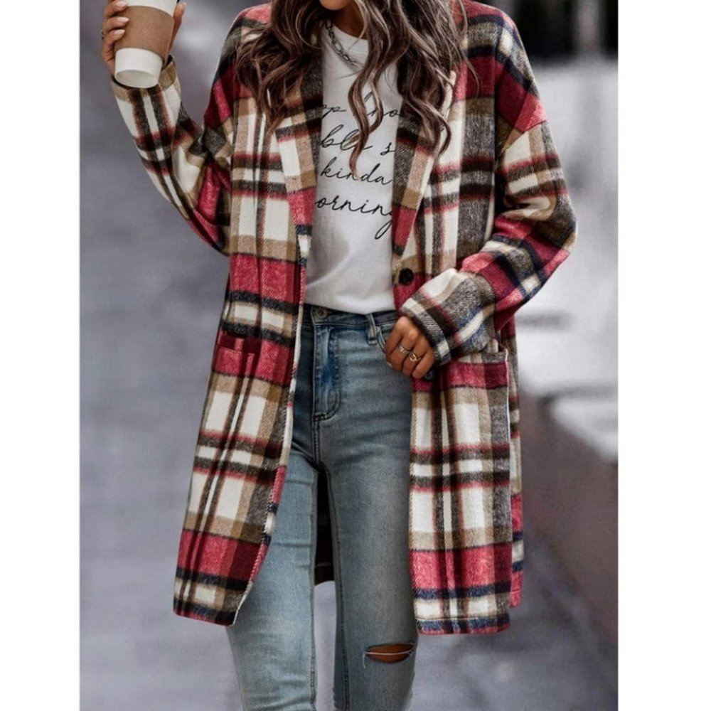 Double Pocket Lapel Neck Plaid print Casual Overcoat Jacket red - Picture 4 of 6